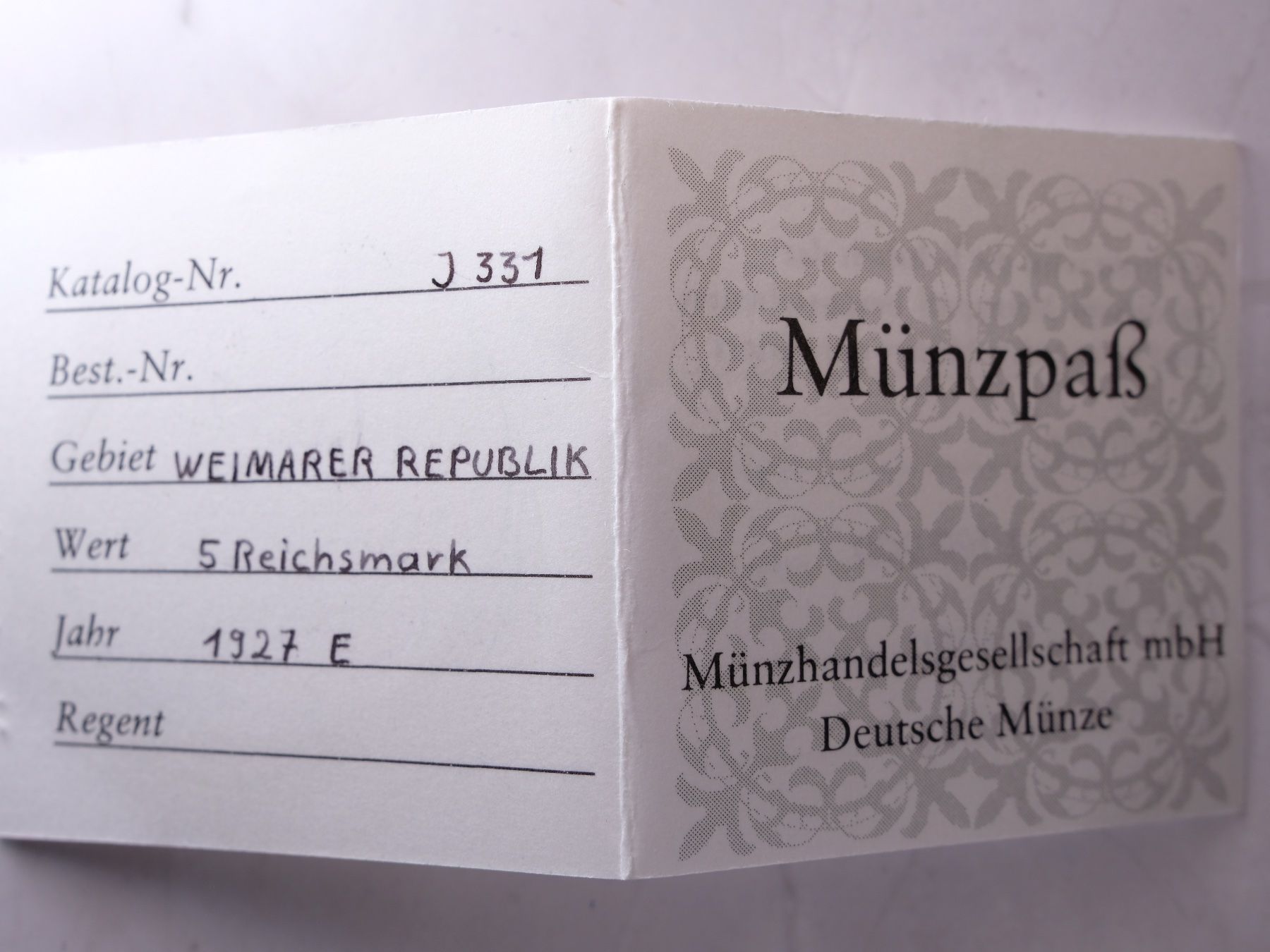 Tutti le monete: 5 Reichsmark Weimar 1927 E – Eichbaum – J.331 – VZ – GM – Nuovo (secondo la descrizione) da Fribourg venduto da Karmann74 3
