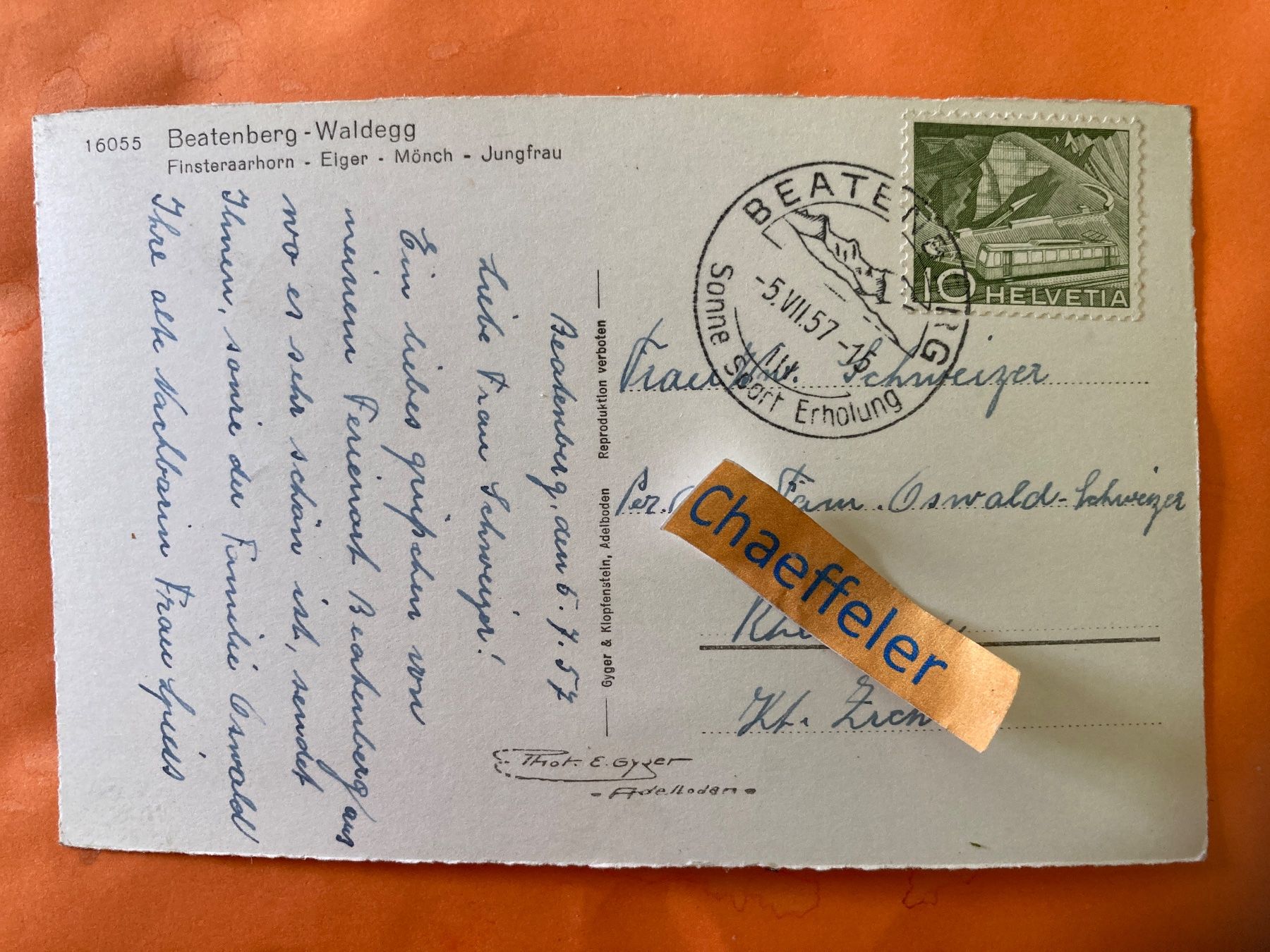 Ansichtskarten: 1957 Beatenberg - Waldegg. Finsteraarhorn - Eiger - Mönch - – Gebraucht aus Zürich von Chaeffeler 1