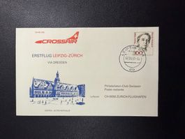 Crossair Erstflugbrief Leipzig-Zürich 1991