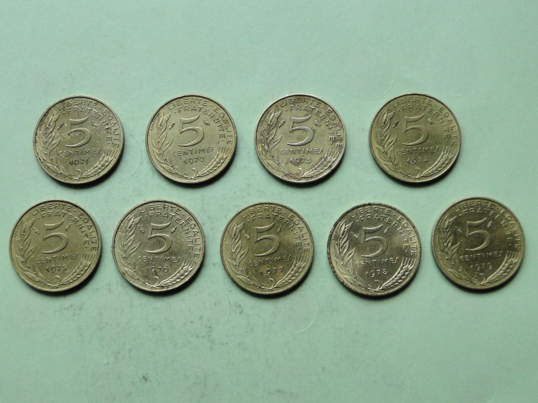 Alle Münzen: 9x 5 centimes France 1971-1979 - complet – Gebraucht aus Killwangen von cyrano56