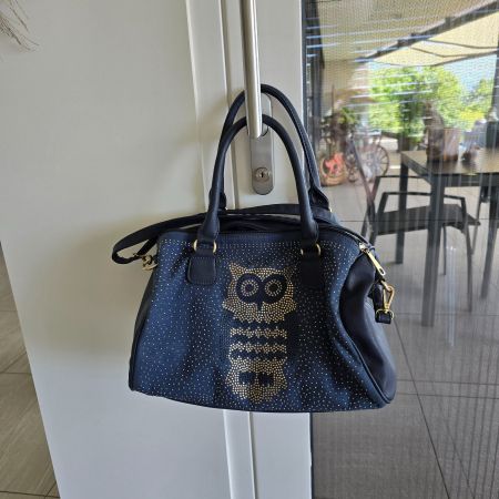 Handtasche dunkelblau mit Eulenmotiv und Nieten