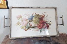 Antikes Serviertablett, Früchte-/Vogelmotiv, Metallrahmen