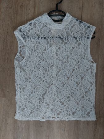 White Lace Sleeveless Mock Neck Top With Rear Zipper