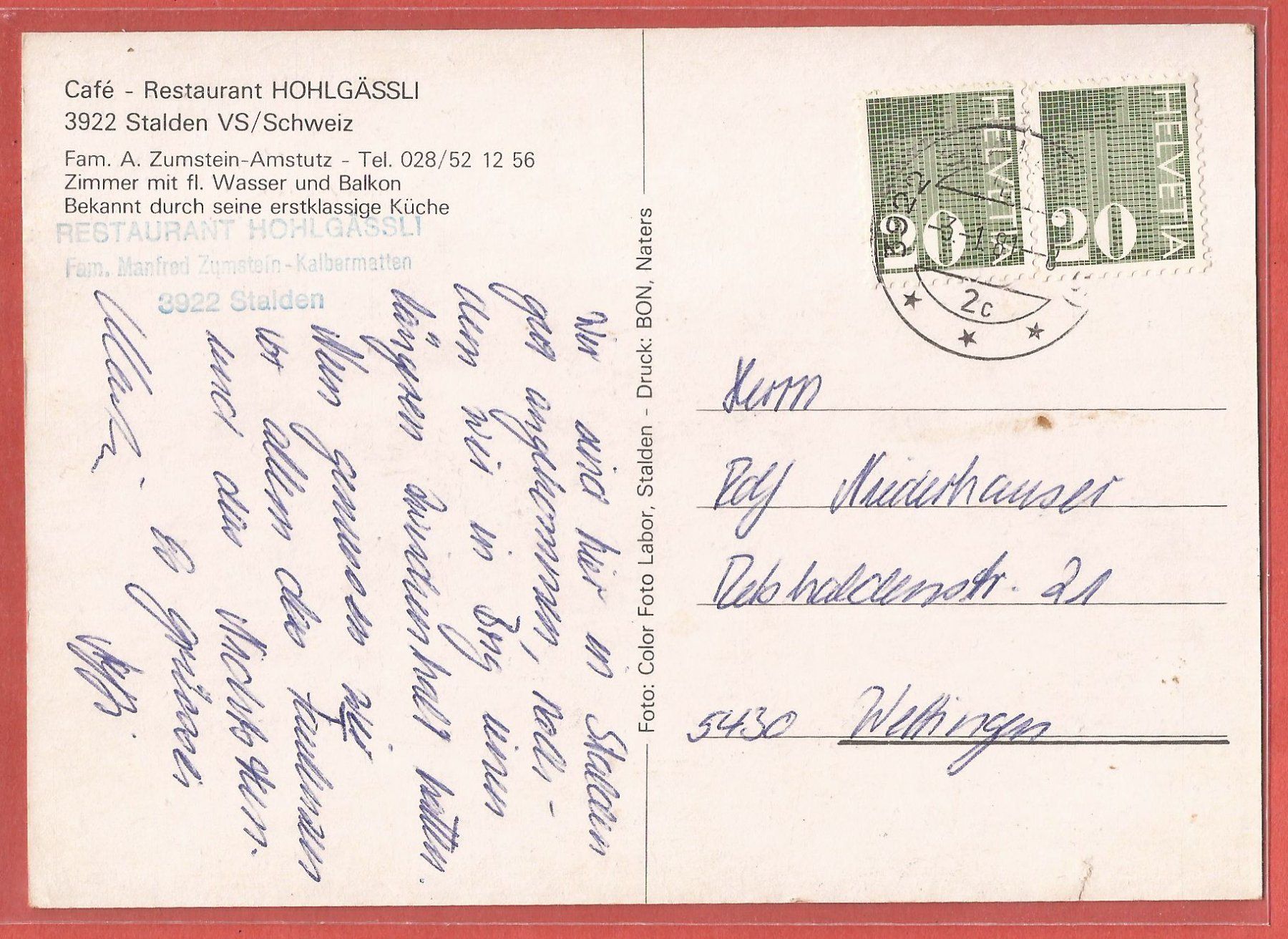 Ansichtskarten: Stalden VS - Restaurant Hohlgässli mit Oldtimer - 1981 – Gebraucht aus Fislisbach von Porano 1