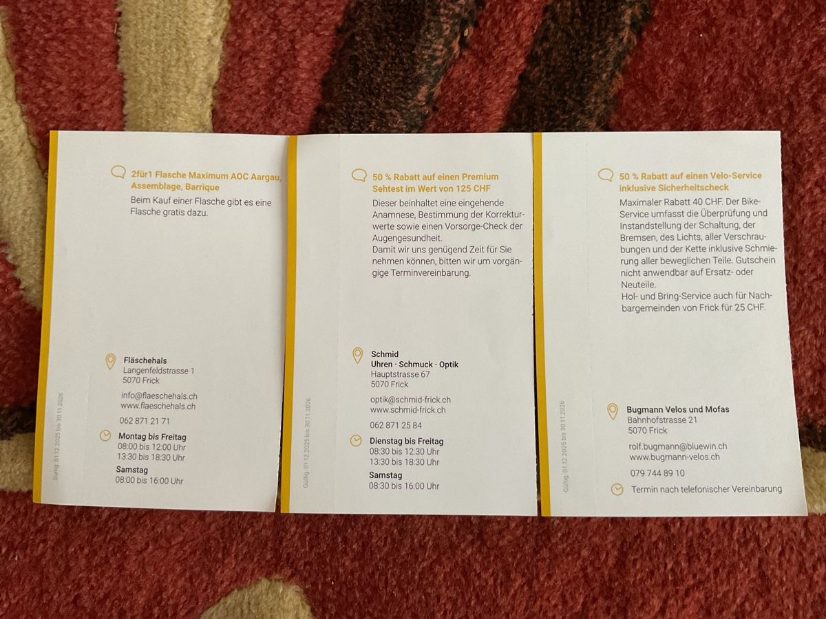 Gutscheine: 8 bons de réduction à Frick – Neu (gemäss Beschreibung) aus Düdingen von Yellow 4