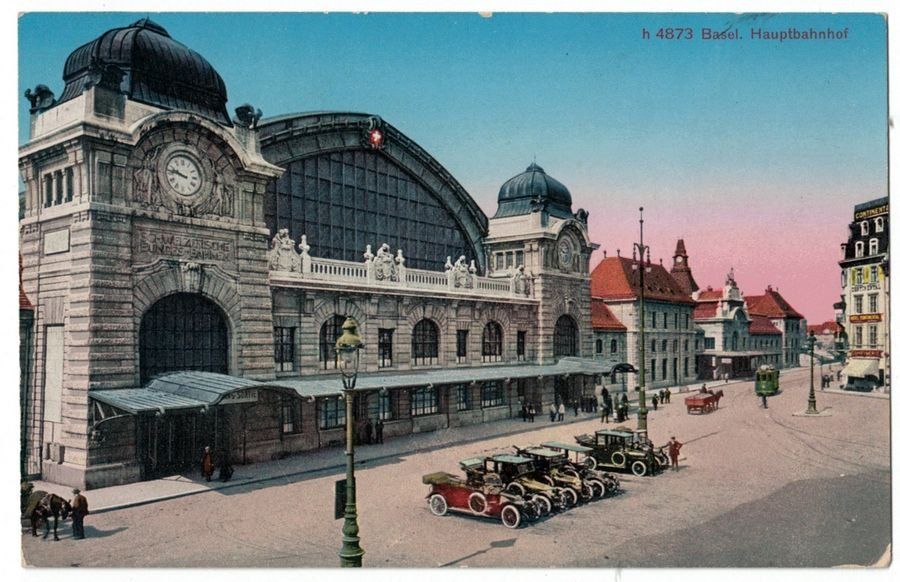 Cartoline postali: Basel, Hauptbahnhof, Oldtimer, um 1910 – Usato da Frauenfeld venduto da POML
