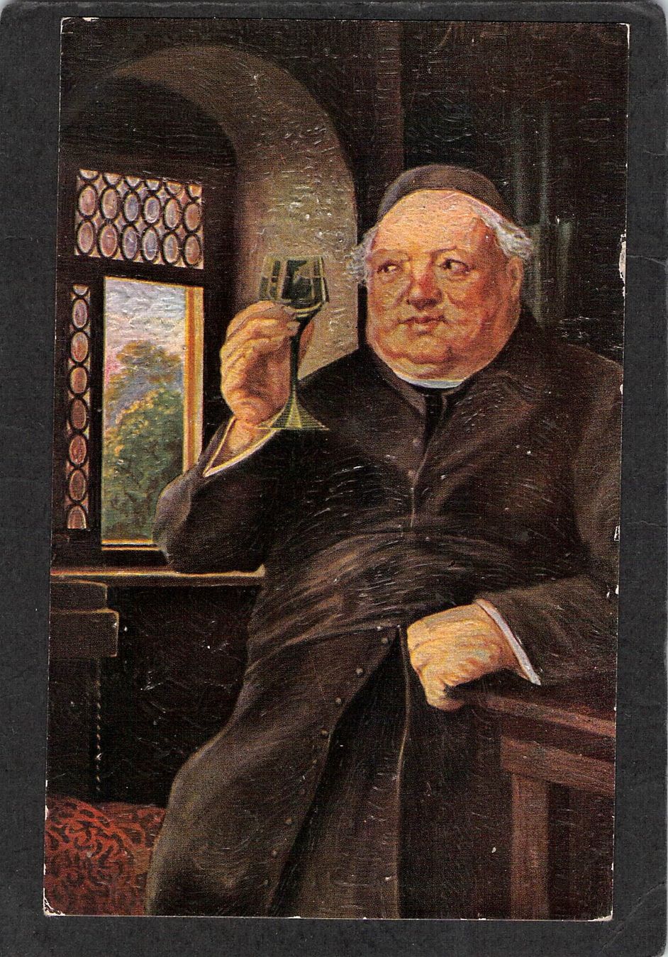 Cartoline postali: #Oelkunst - Postkarte , Mönch trinkt ein Glässchen Wein – Usato da Reichenburg venduto da Pipo-67