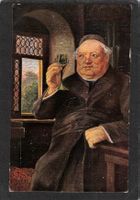 #Oelkunst - Postkarte , Mönch trinkt ein Glässchen Wein