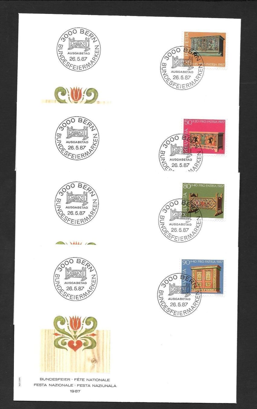 Alle Briefmarken: 4 FDC Pro Patria 1987 Serie Einzelmarken ET 26.5.1987 – Neu (gemäss Beschreibung) aus Olten von clotaldi