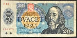 Originale 20 Kronen Banknote Tschechoslowakei, Jahr 1988