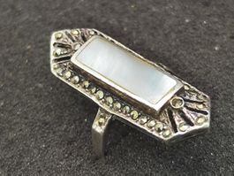 Art Deko 925er Silber Ring mit Perlmutt, Markasiten Top