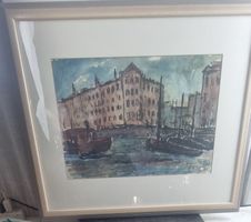 Original Aquarell von F.H. Dähn – Hafenansicht, datiert 1962