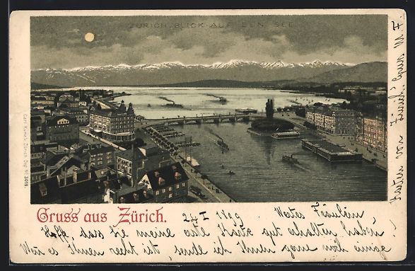 Cartoline postali: Lithographie Zürich, Blick auf den See – Usato da Berlin venduto da bartko-reher