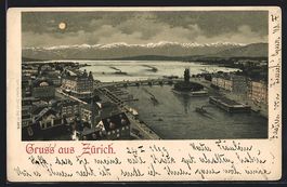 Lithographie Zürich, Blick auf den See