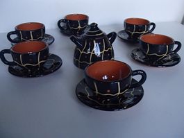 Vintage schwarz gelb rot Keramik Moccatassen mit Zuckerdose