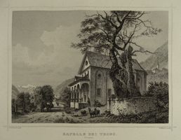 KAPELLE BEI TRONS, GRAUBÜNDEN, STAHLSTICH NACH ROHBOCK 1870