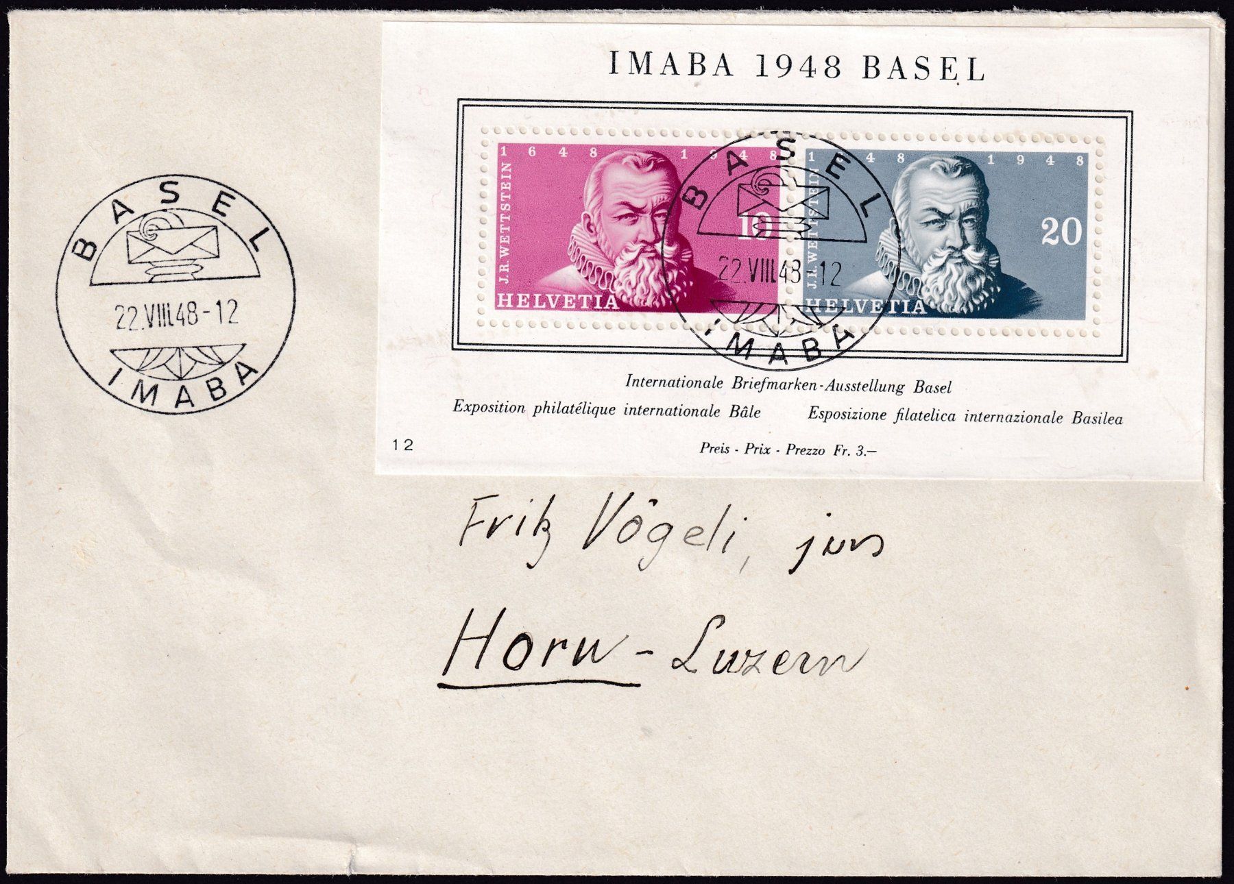 Tutti i francobolli: 1948, W31 IMABA-Block auf Brief von BASEL, Kat: 100.- – Usato da Sursee venduto da Luzernerraute