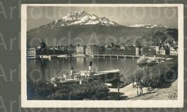 AK sw Luzern LU und Pilatus, Dampfschiffe, Bahnhof ≈ 1924
