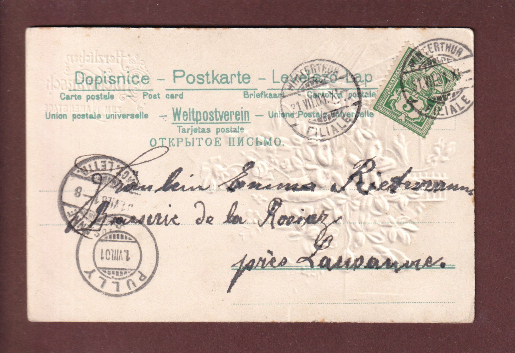 Cartoline postali: NAMENSTAGE - 1901 Präge – Usato da Pully venduto da nicecards 1