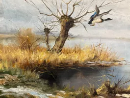 88x69/ Peter Brutsche/ Ölgemälde Enten über See, Landschaft