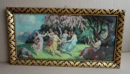 Alter Bilddruck in Holzrahmen hinter Glas "Tanzreigen"