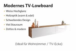 Modernes TV-Lowboard Weiss Hochglanz & Holzoptik led