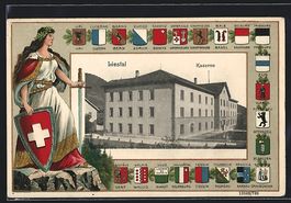 Präge-AK Liestal, Kaserne, Helvetia mit