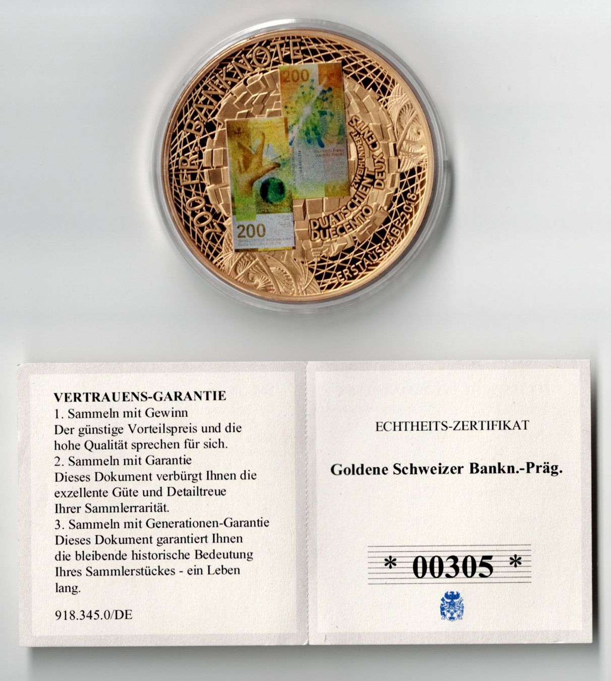 Medaglie: 2018_200.00_Zertiikat_00305_Note auf Medaille – Nuovo (secondo la descrizione) da Hombrechtikon venduto da Fraese01