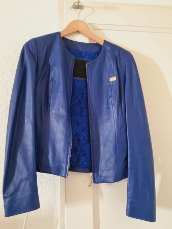 Veste cuir bleu Philipp Plein tête de mort strass T.S