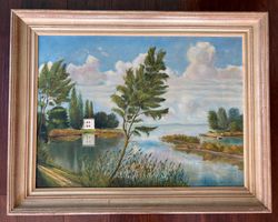 Ölgemälde "Landschaft am See" von R. Tobler