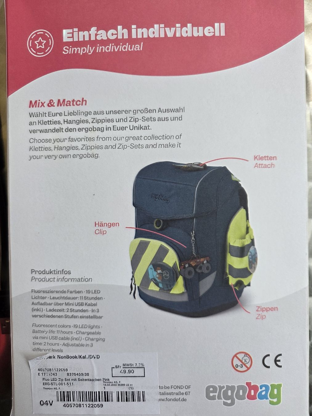 Ergobag Borse & Zaini: Ergobag LED, Seitentaschen Zip-Set Pink, mit Regenschutz! – Usato da Rotkreuz venduto da bless02 1