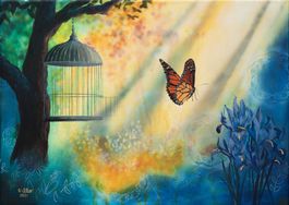 Gemälde Schmetterling Freiheit Käfig Baum Acryl
