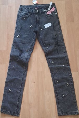 Jeans fille, taille haute, gris foncé, neuf avec étiquette