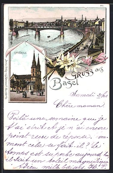 Ansichtskarten: Litho Basel, Rheinpartie, Kathedrale – Gebraucht aus Berlin von bartko-reher