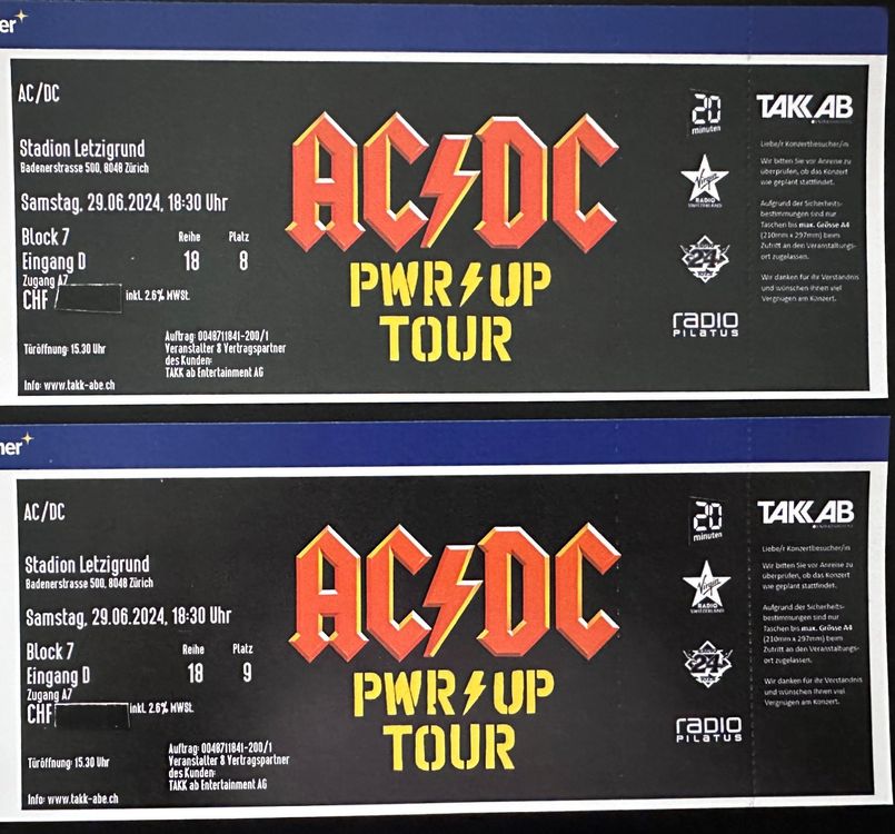 2 AC/DC Tickets Sitzplatz Konzert Letzigrund ZH 1. Kategorie (Neu und ...