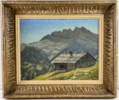 Berglandschaft mit Berghütte Gemälde Signiert.