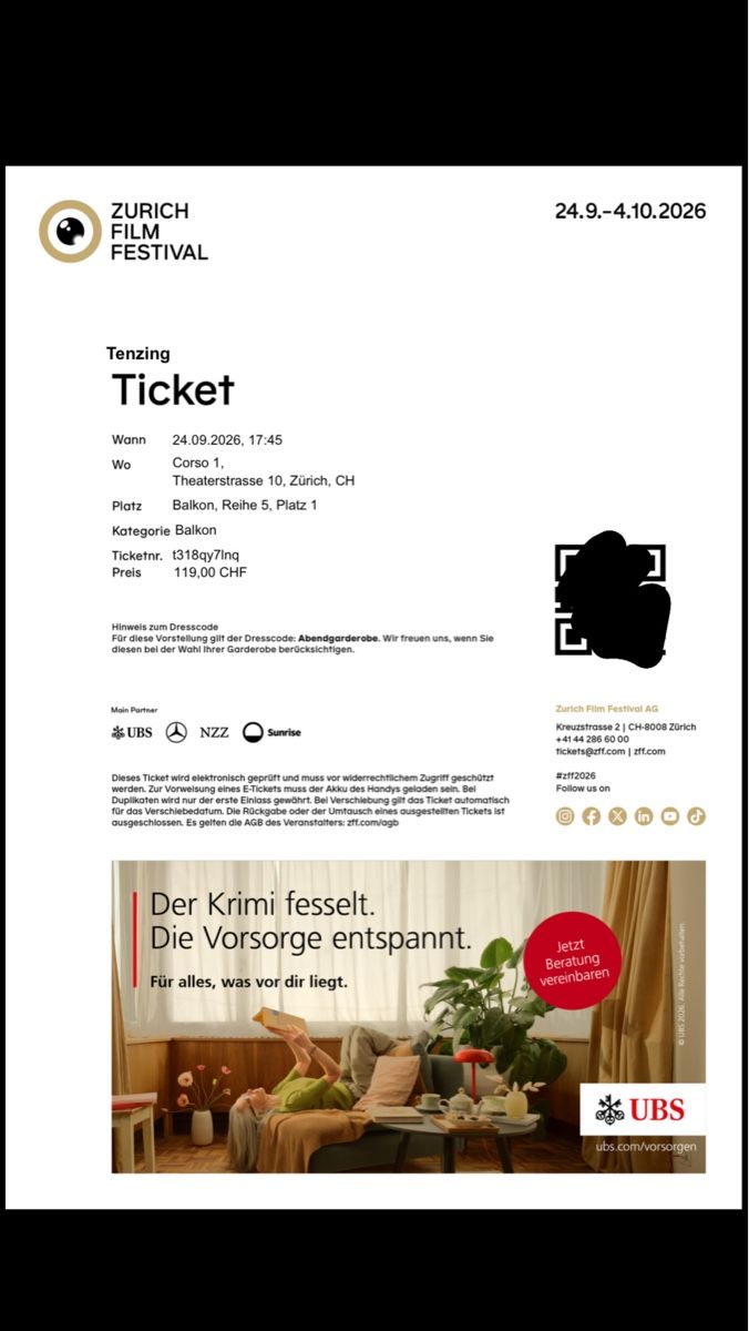 Biglietti: ZFF Tenzing Premium Screening mit Tom Hiddleston – Nuovo e nell'imballaggio originale da Bonstetten venduto da zimtsttern