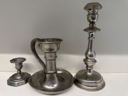  Lot von 3 antiken & vintage Kerzenleuchtern (Zinn & Versilb