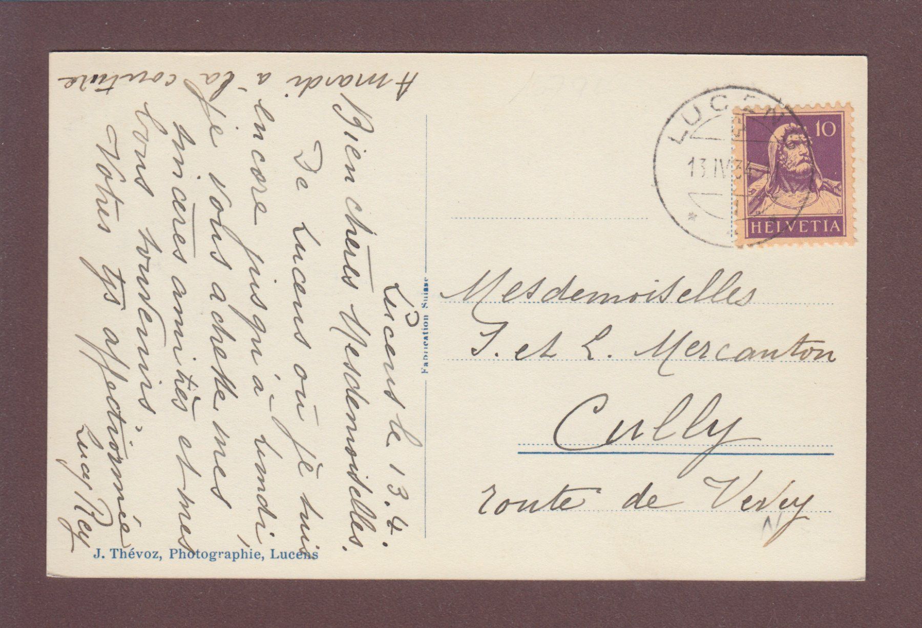 Cartoline postali: LUCENS - Château - 1934 – Usato da Pully venduto da nicecards 1