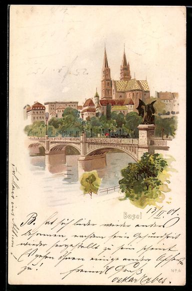 Ansichtskarten: Litho Basel, Partie an der Brücke mit B – Gebraucht aus Berlin von bartko-reher
