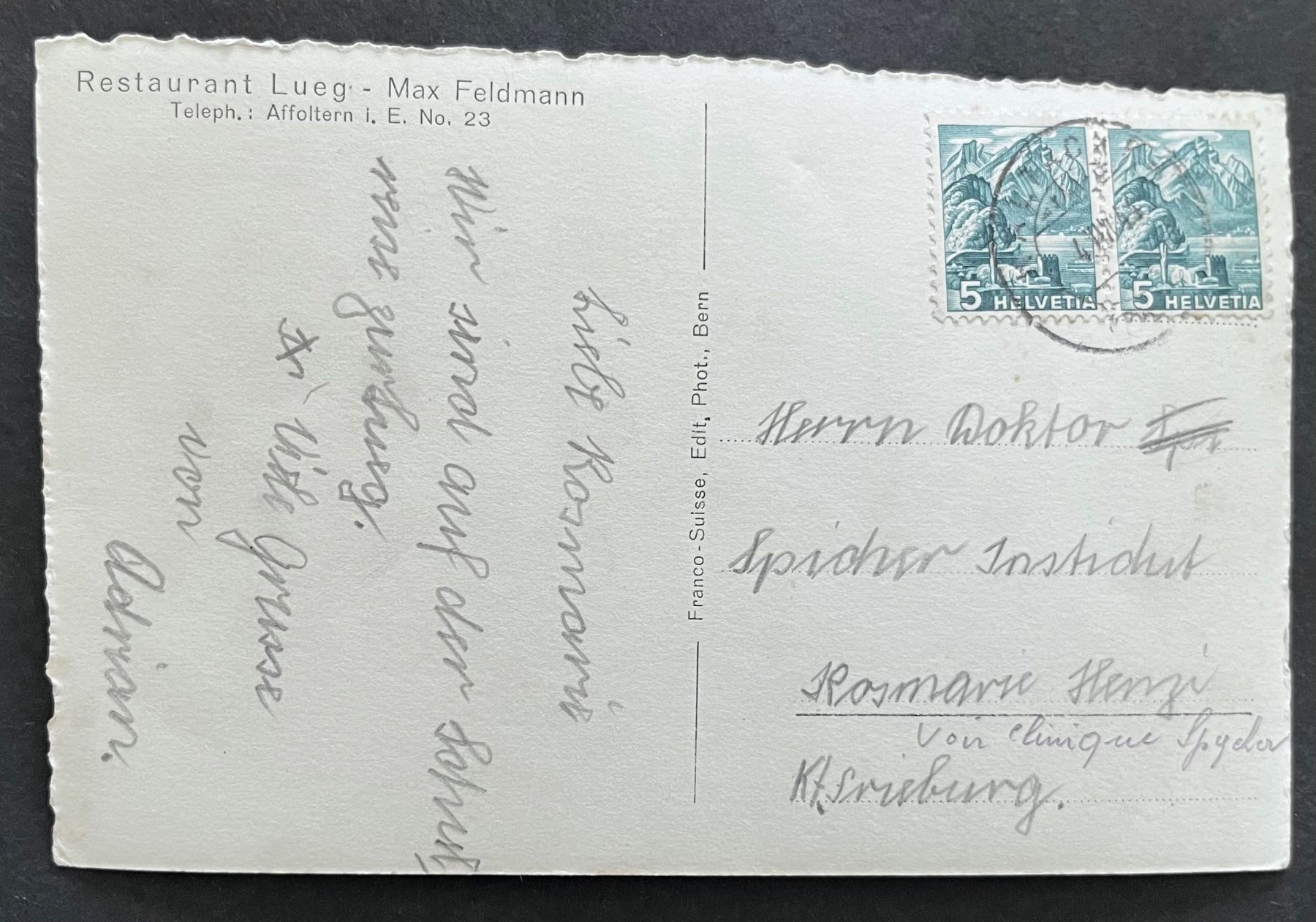Cartoline postali: Restaurant Lueg - Max Feldmann Teleph.: Affoltern i. E. – Usato da Wabern venduto da DaxKarten-75 1
