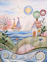 Original Aquarell naive Kunst "am Meer"