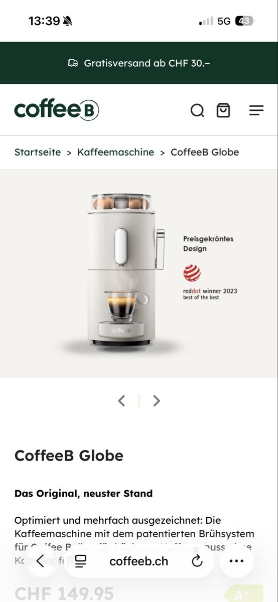 Coffee B Macchine per caffè & Macchine per espresso: Kaffeemaschine CoffeeB Globe in white+54 balls – Nuovo e nell'imballaggio originale da Zürich venduto da duc_pjh7