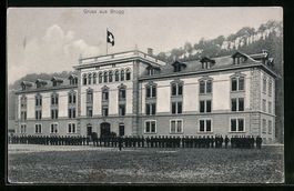 AK Brugg, Kaserne mit Soldaten, 1909