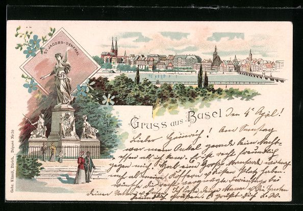 Ansichtskarten: Litho Basel, St. Jacobs-Denkmal, Panoram – Gebraucht aus Berlin von bartko-reher