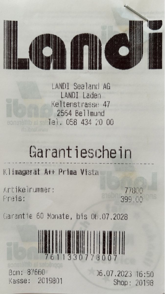 Klimageräte: Klimagerät Prima Vista A++ Landi – Gebraucht aus Ipsach von  3
