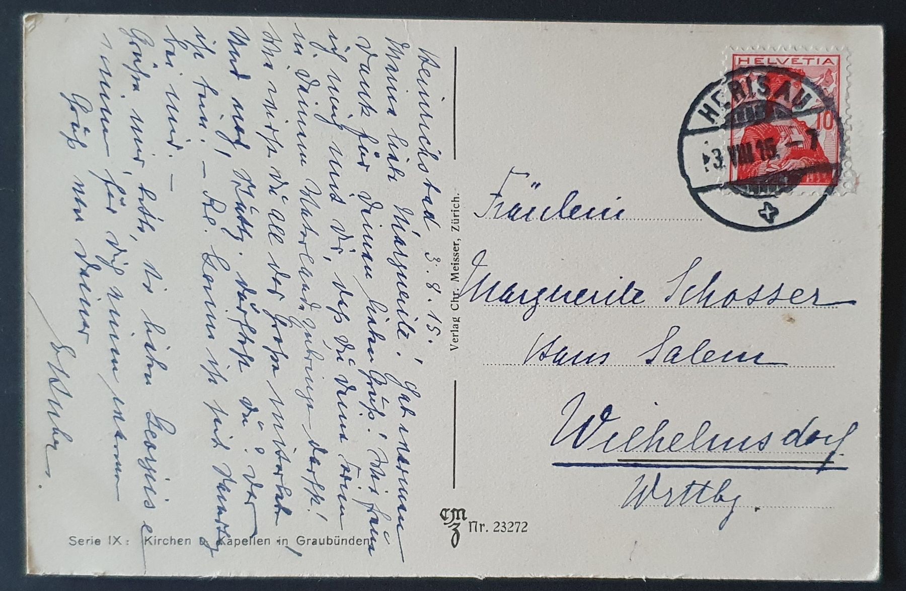 Cartoline postali: Kirche in Campo - Valsertal 1915 – Usato da Kreuzlingen venduto da Rschweiz1 1