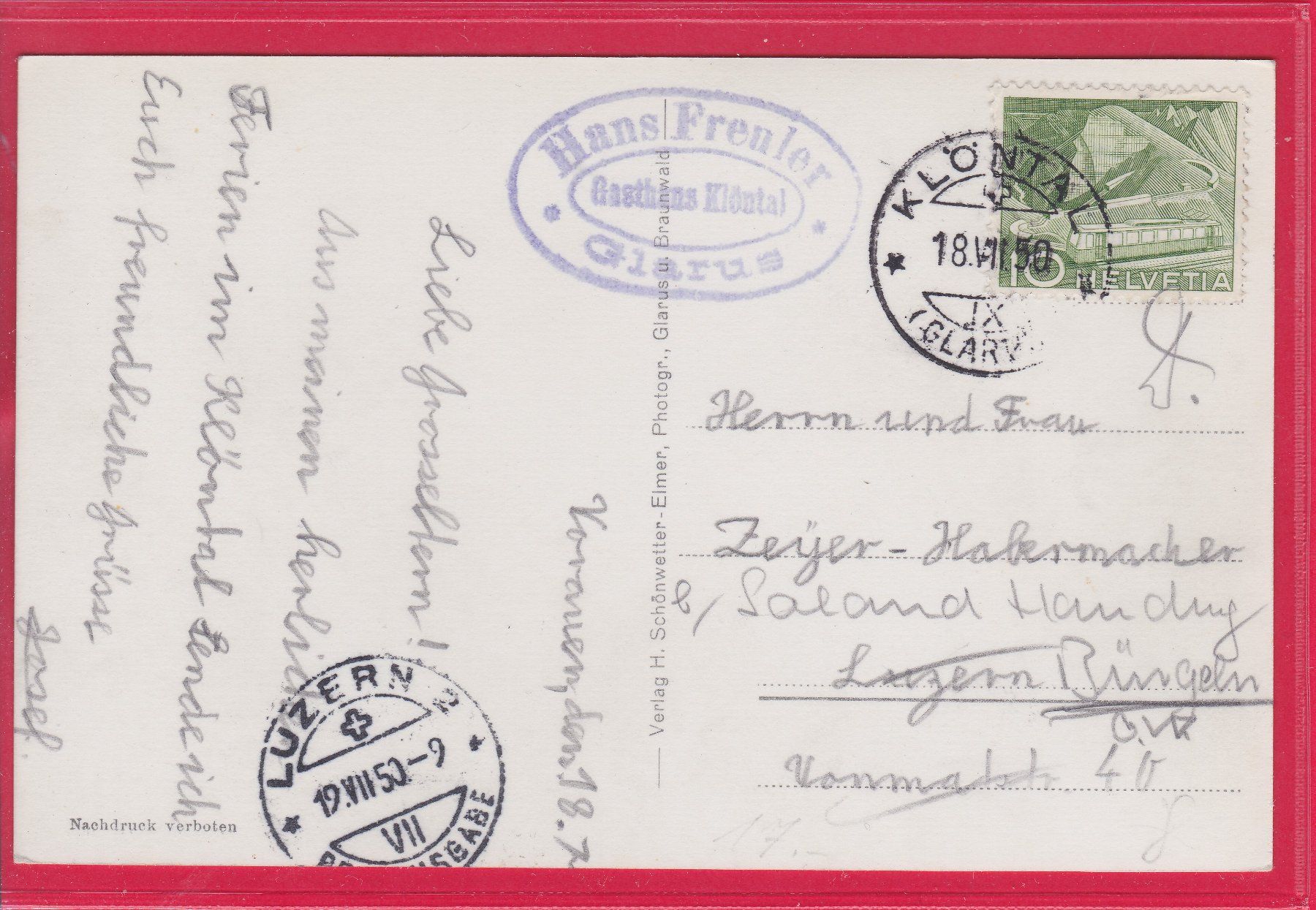 Ansichtskarten: KLÖNTALERSEE, 18.7.1950 – Gebraucht aus Oberrieden von Gebirgsstelze 1