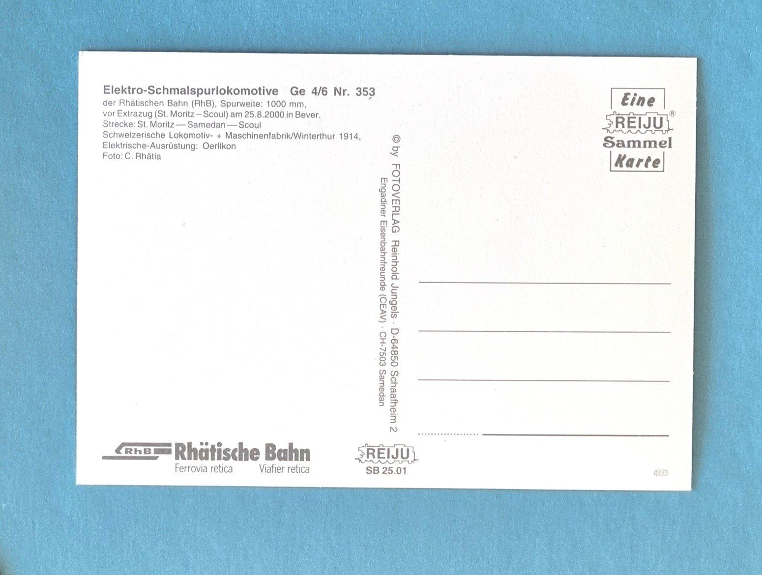 Cartoline postali: Bever -  Rhätische Bahn -  RhB - 2000 – Usato da Rothrist venduto da RROENK 1