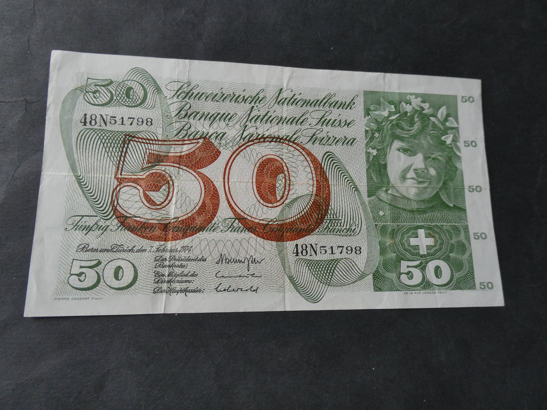 Banknoten: Schweiz 1974, 50 Franken – Gebraucht aus Hinterforst von rohusri